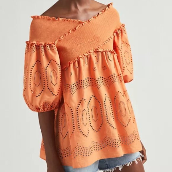 Orange Anthropologie Eyelet Smocked Blouse Top (NWT) - Picture 1 of 4